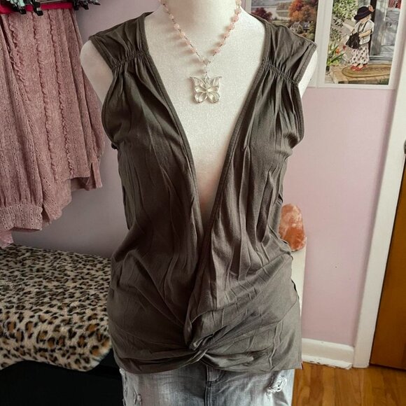 Y2K EDC Olive Green Deep V-Neck Top - Picture 2 of 6